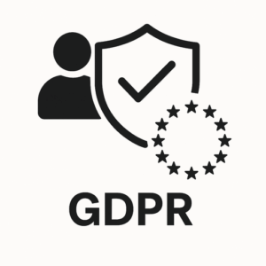 Pictogramă neagră reprezentând o persoană, un scut cu o bifă, un cerc de stele și textul &quot;GDPR&quot; dedesubt, reprezentând protecția datelor și conformitatea cu GDPR.